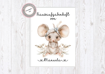 zuckersüßer Schulheft Umschlag Maus 3 Boho Style Hausaufgabenheft in seperater hochwertiger Hülle Einschulung Schulkind von Lüttentüddel®